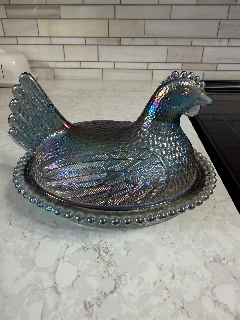 Iridescent Carnival Glass Hen on Nest Covered Dish - Blue-Green